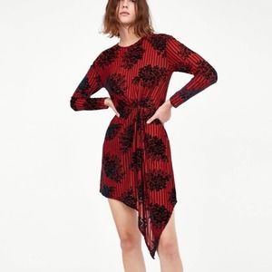 Zara Gathered Devoré Dress Red Size Small